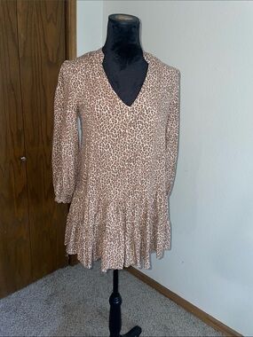 Leopard Print V-Neck Ruffle Mini Dress - Light Brown